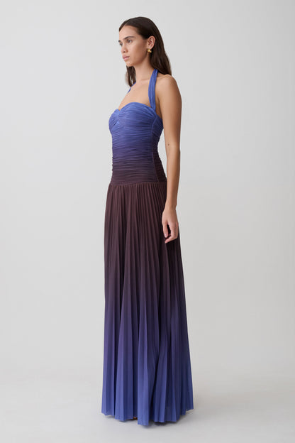 Azizi Plissiertes Halter Midi-Kleid - Schokoladen- und Blauschimmerdruck