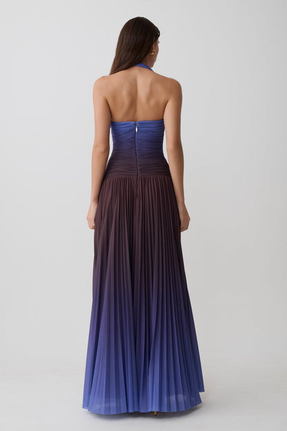Azizi Plissiertes Halter Midi-Kleid - Schokoladen- und Blauschimmerdruck