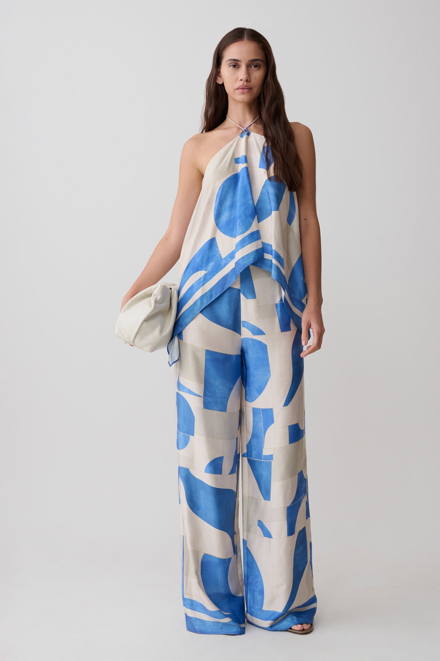 Rachel Satin Gerade Bein Hose - Blau Geo Fliesen Druck