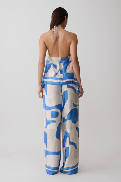 Rachel Satin Gerade Bein Hose - Blau Geo Fliesen Druck