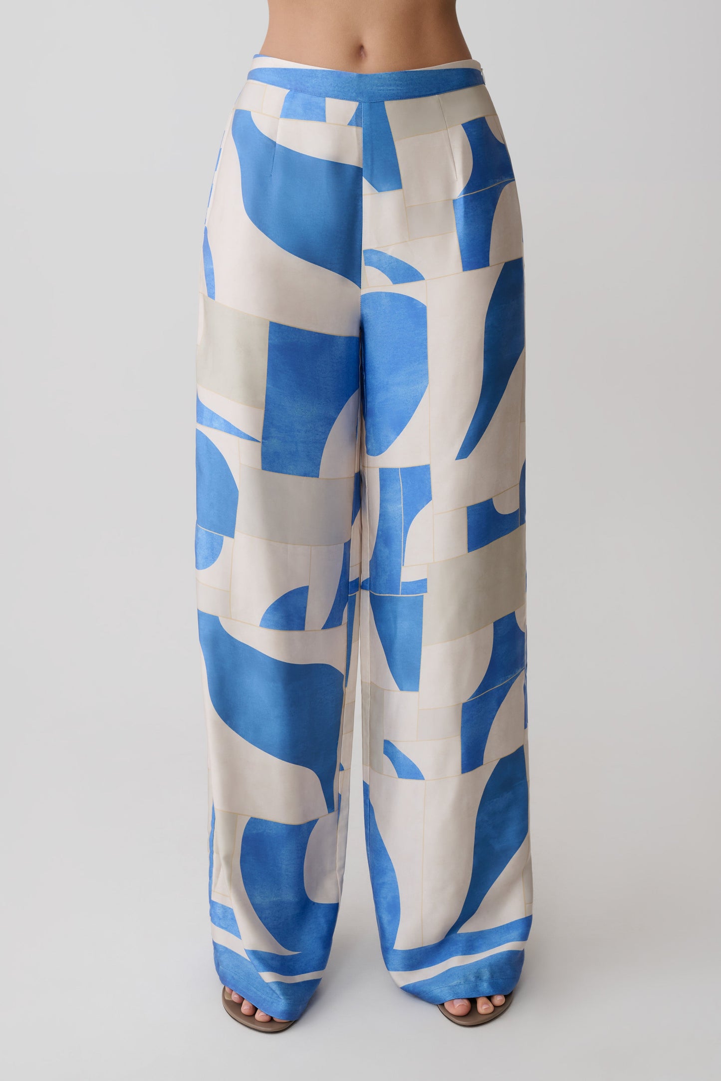 Rachel Satin Gerade Bein Hose - Blau Geo Fliesen Druck