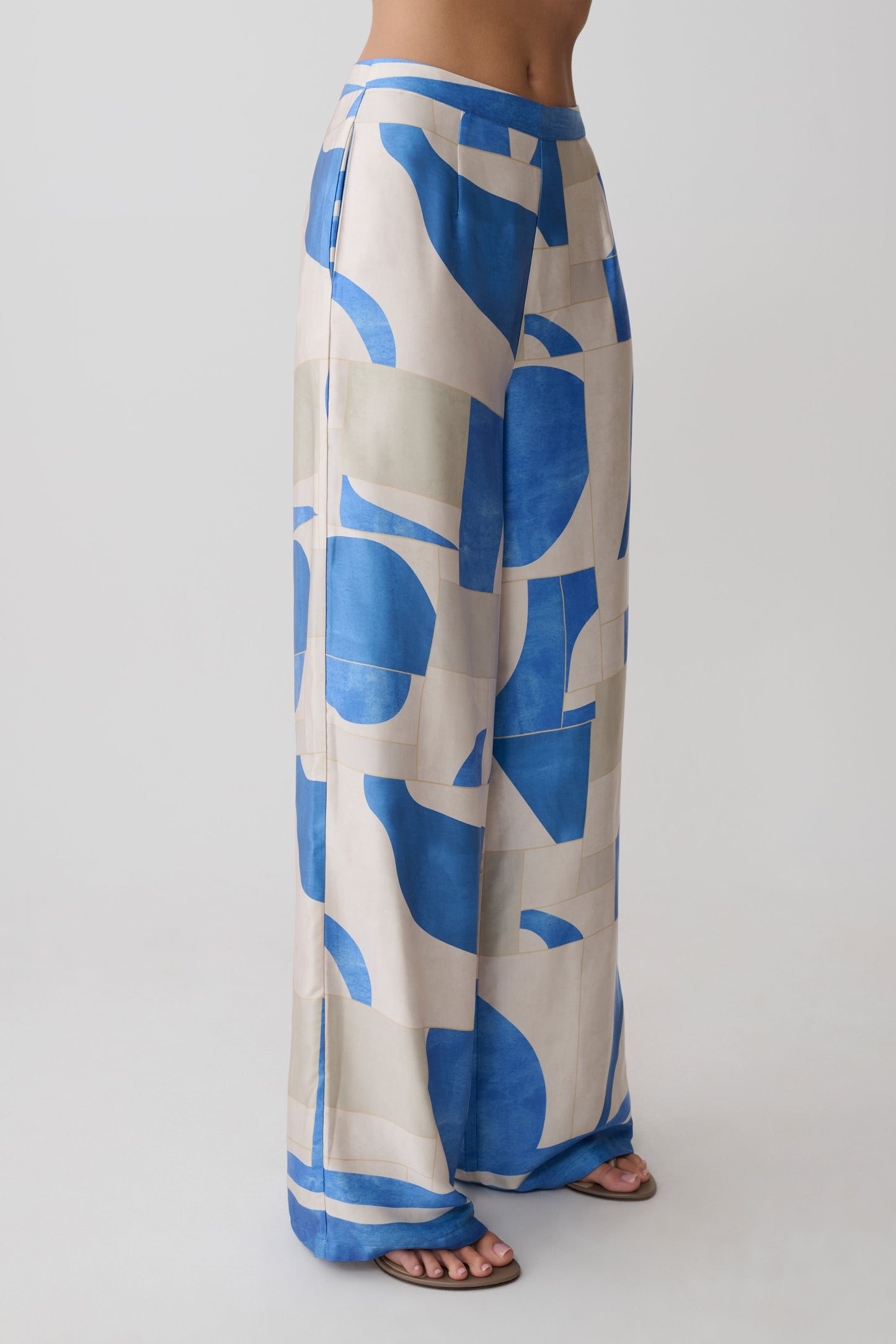 Rachel Satin Gerade Bein Hose - Blau Geo Fliesen Druck