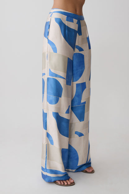 Rachel Satin Gerade Bein Hose - Blau Geo Fliesen Druck