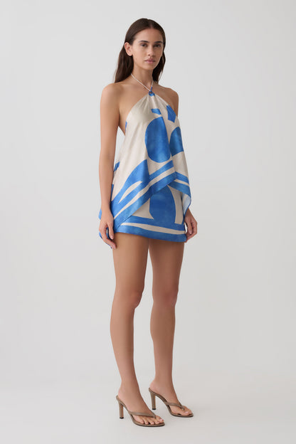 Adelaide Satin Minirock - Blaues Geo-Fliesen-Muster