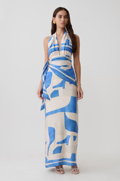 Gianna Satin Halter Maxikleid - Blau Geo Fliesenmuster