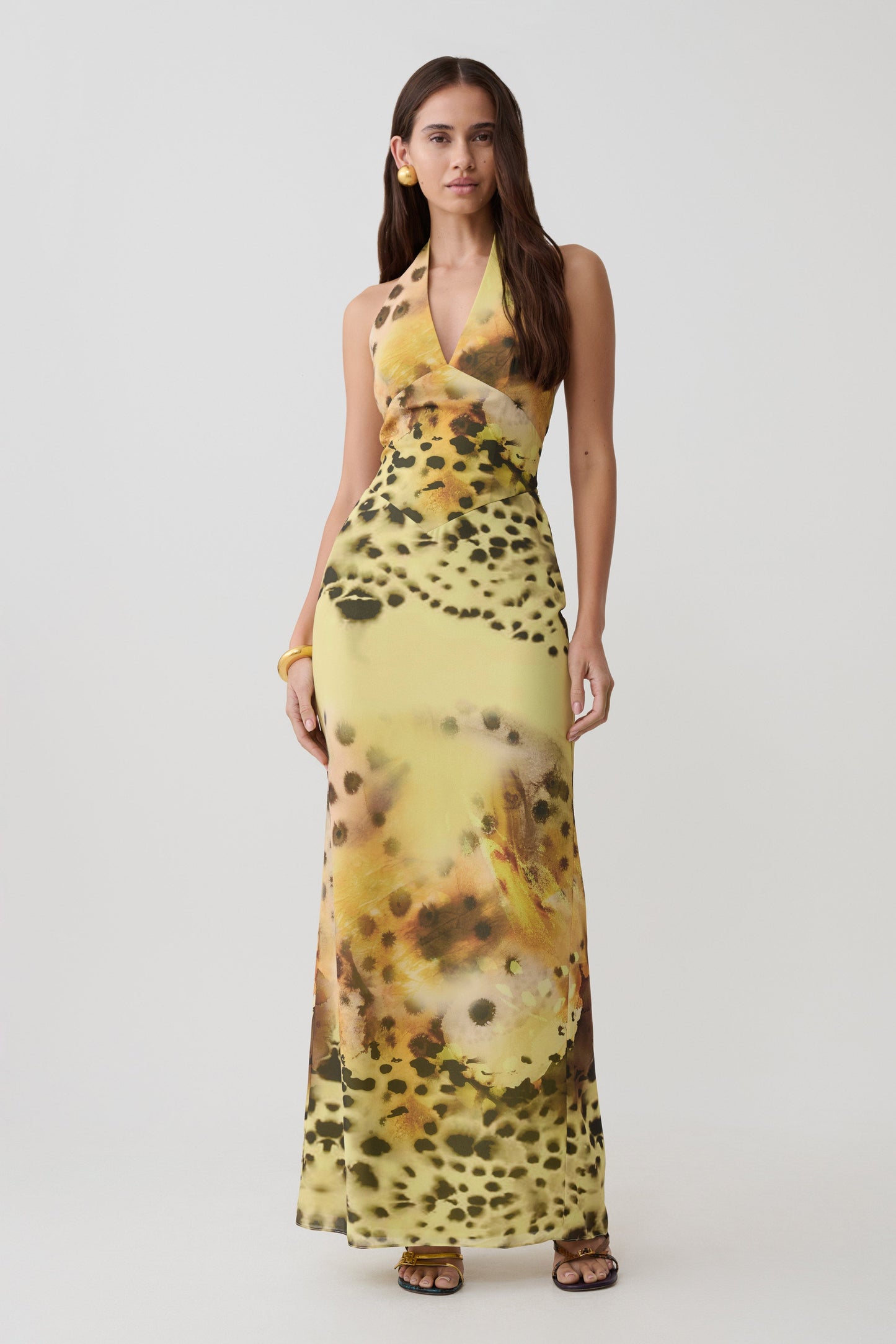 Valentina Chiffon Halter Maxi Kleid - Gelbes Blumen-Leopardenmuster