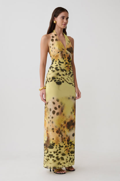 Valentina Chiffon Halter Maxi Kleid - Gelbes Blumen-Leopardenmuster