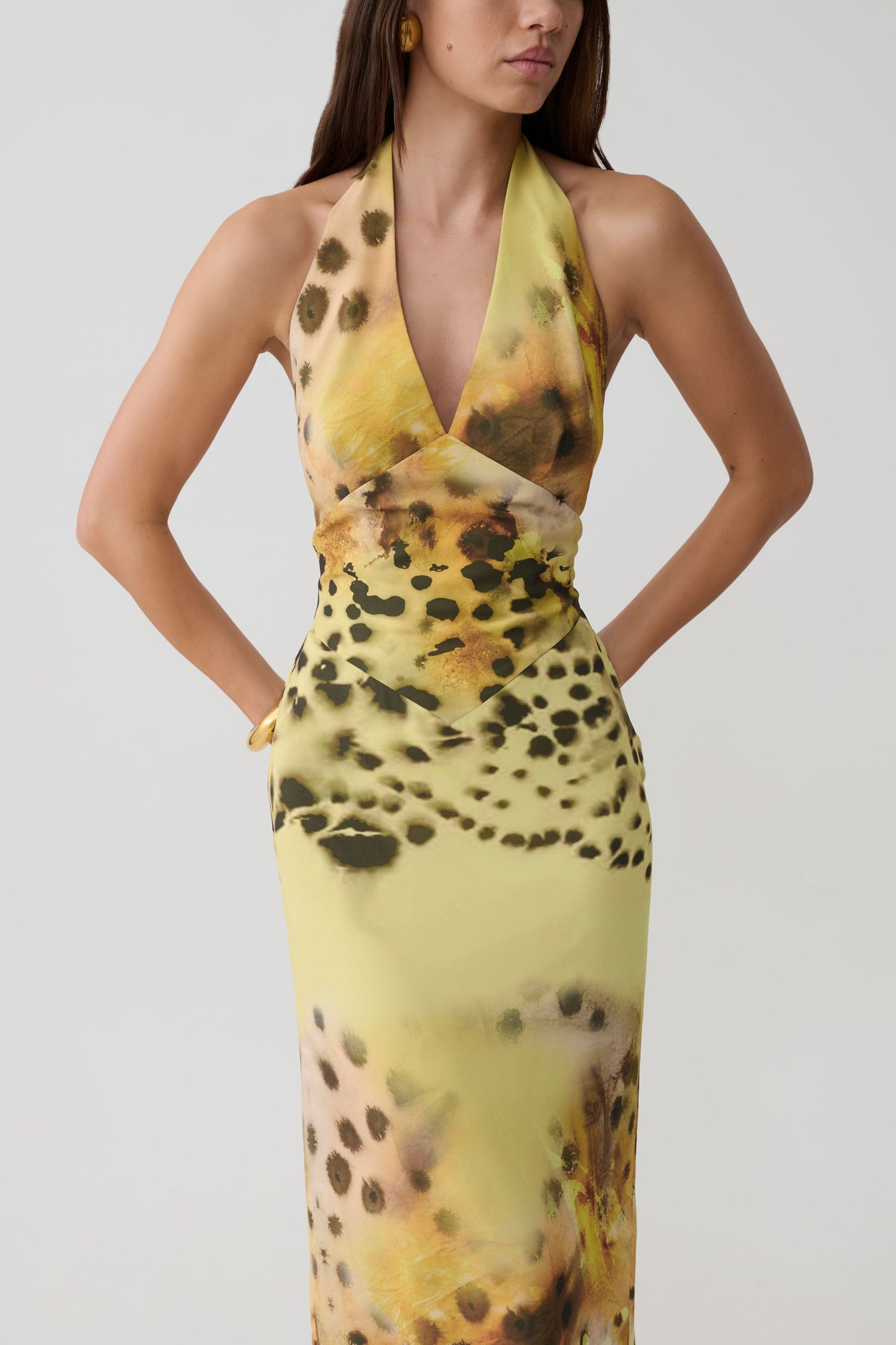 Valentina Chiffon Halter Maxi Kleid - Gelbes Blumen-Leopardenmuster