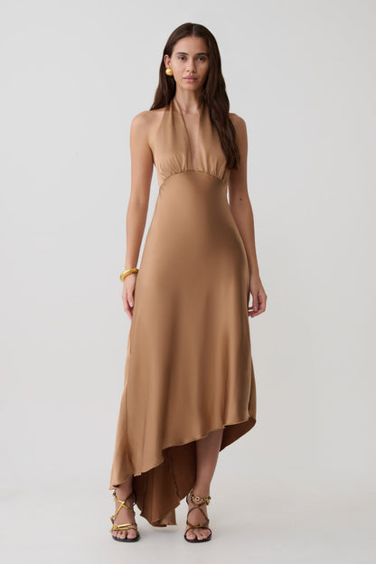 Adelie Asymmetrisches Saum Halter Midi Kleid - Cognac