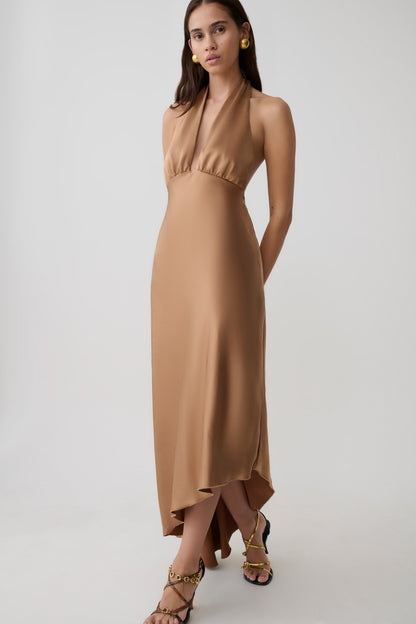 Adelie Asymmetrisches Saum Halter Midi Kleid - Cognac