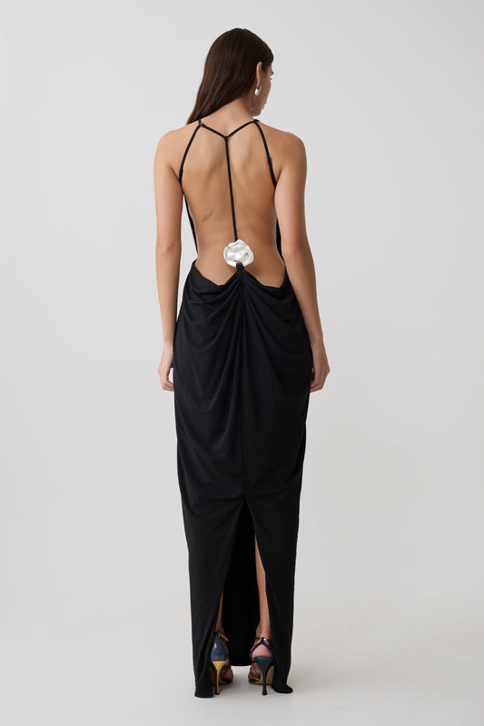Bahari Low Back Halter Maxi Kleid - Schwarz