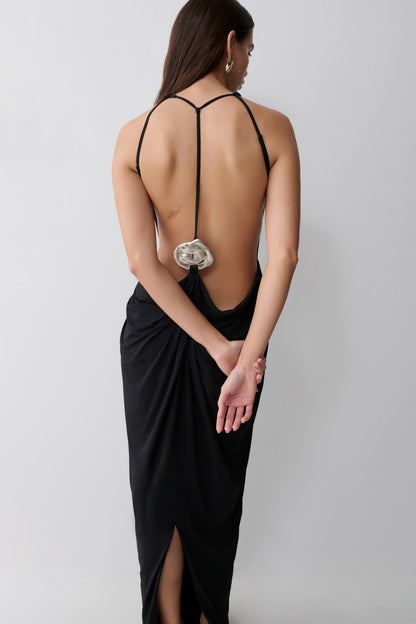 Bahari Low Back Halter Maxi Kleid - Schwarz