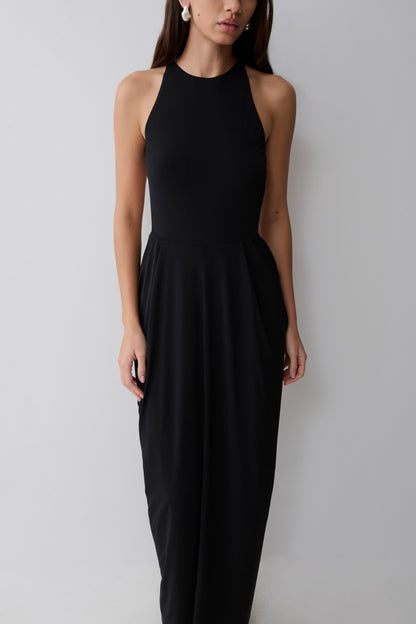 Bahari Low Back Halter Maxi Kleid - Schwarz