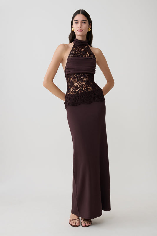 Tessie Strick- & Häkel-Maxikleid - Dunkle Schokolade