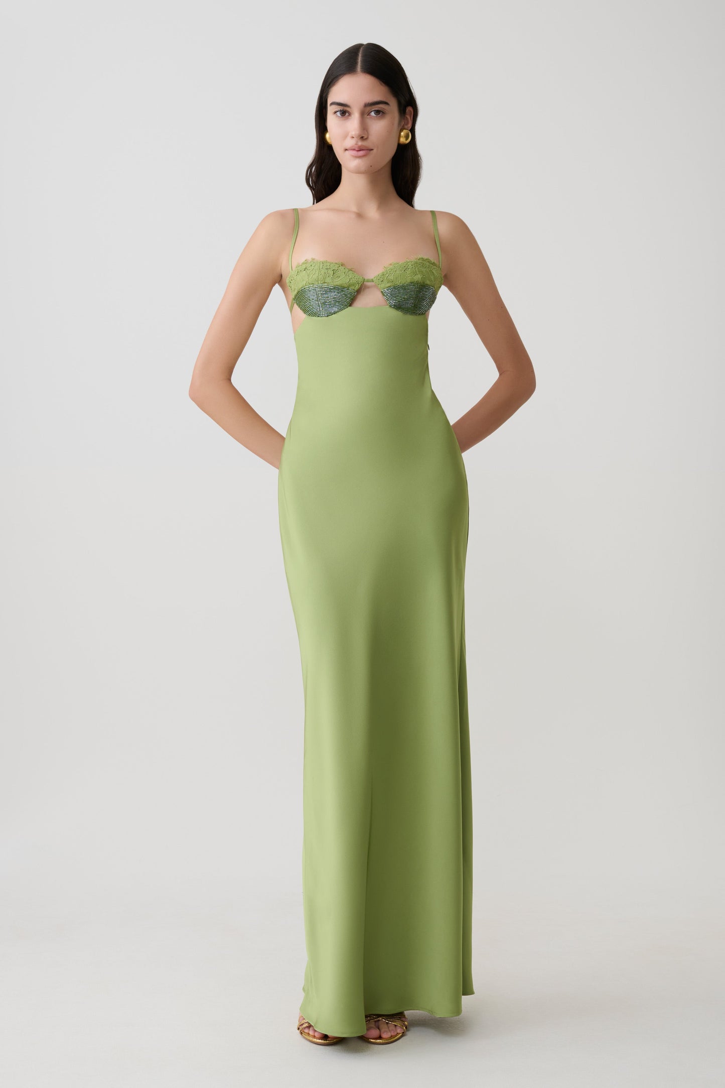 Fiorella Verziertes Satin-Maxikleid - Pistazie