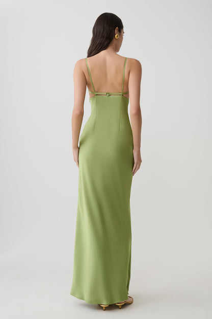 Fiorella Verziertes Satin-Maxikleid - Pistazie