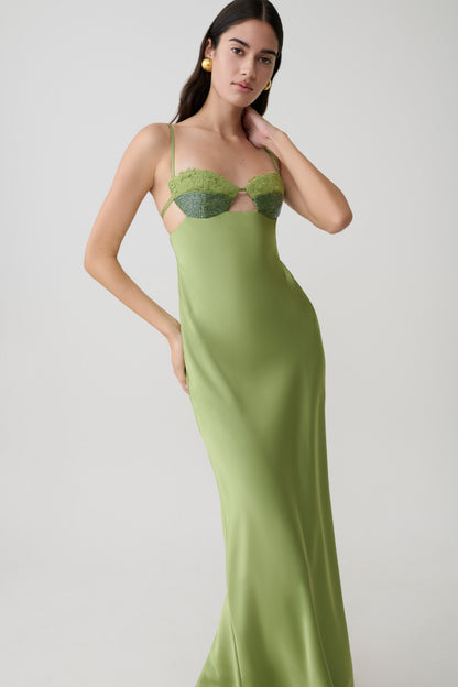 Fiorella Verziertes Satin-Maxikleid - Pistazie