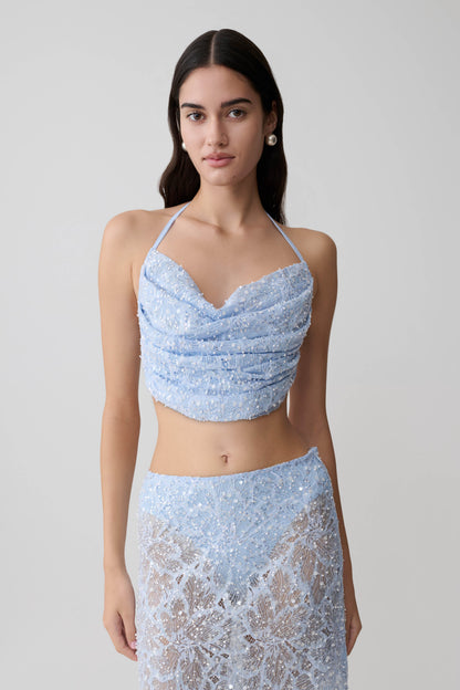 Kiara Perlenbesetztes Cowl Crop Top - Puderblau