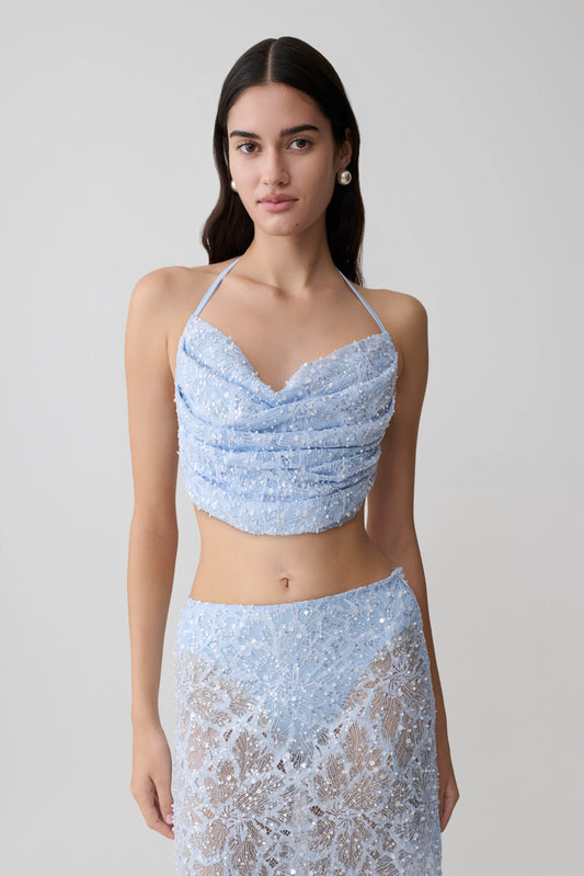 Kiara Perlenbesetztes Cowl Crop Top - Puderblau