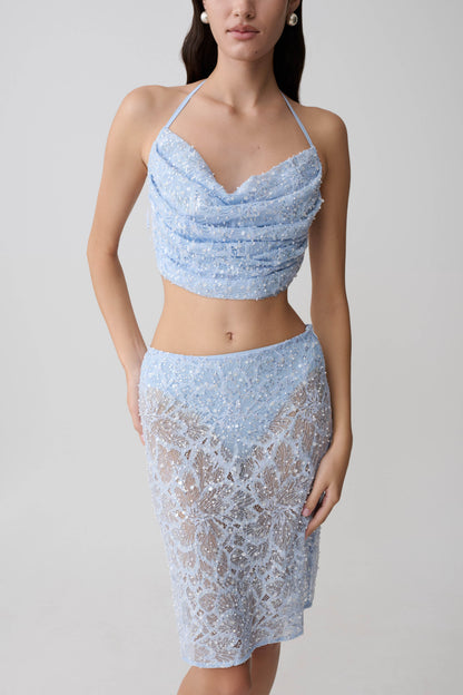 Kiara Perlenbesetztes Cowl Crop Top - Puderblau