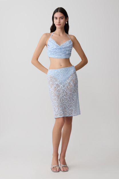 Kiara Perlenbesetztes Cowl Crop Top - Puderblau