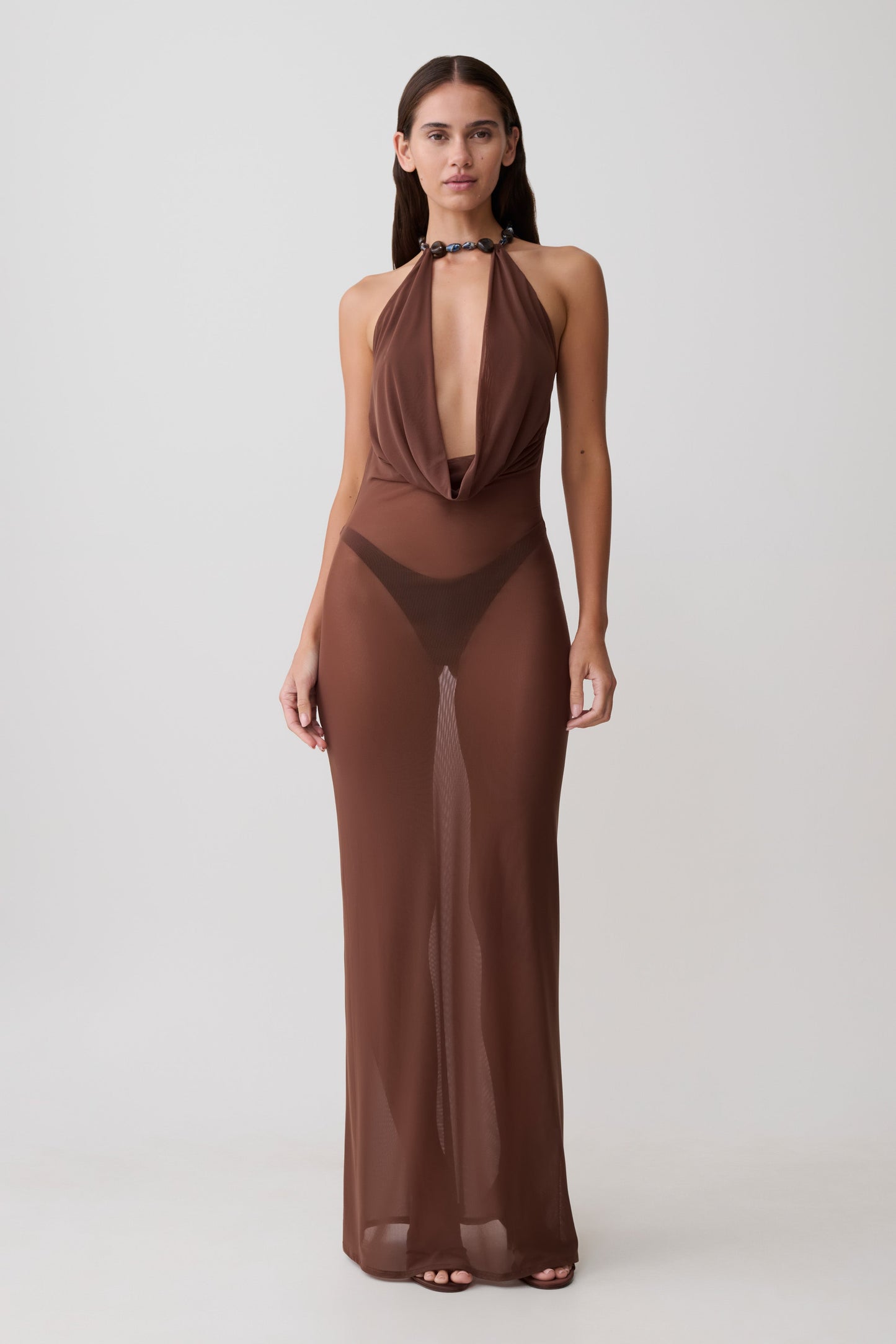 Ethal Mesh Cowl Neck Beaded Maxi Dress - Schokolade