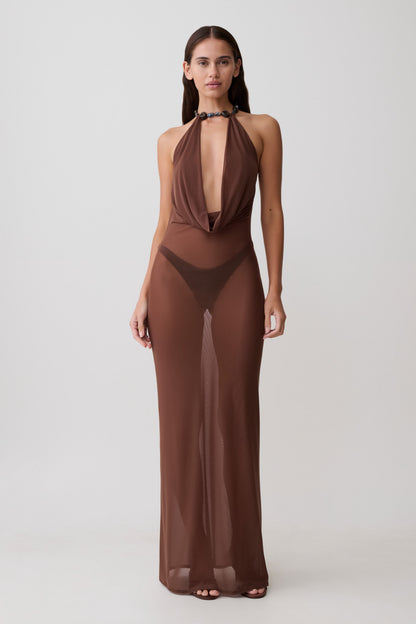 Ethal Mesh Cowl Neck Beaded Maxi Dress - Schokolade