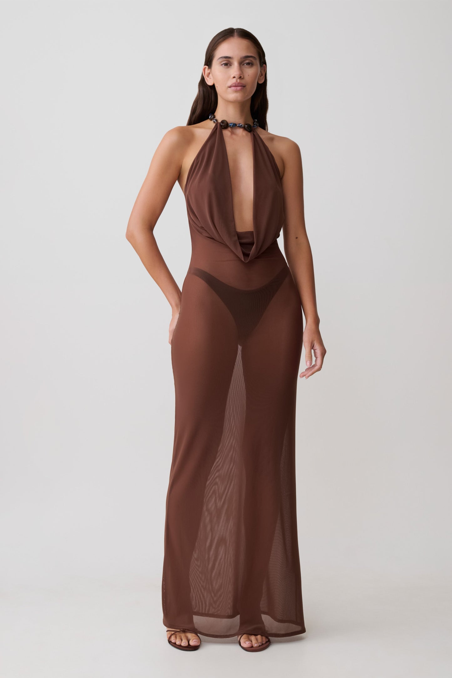 Ethal Mesh Cowl Neck Beaded Maxi Dress - Schokolade