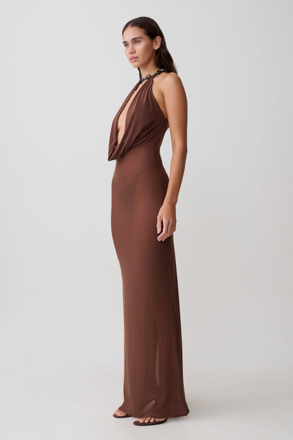 Ethal Mesh Cowl Neck Beaded Maxi Dress - Schokolade