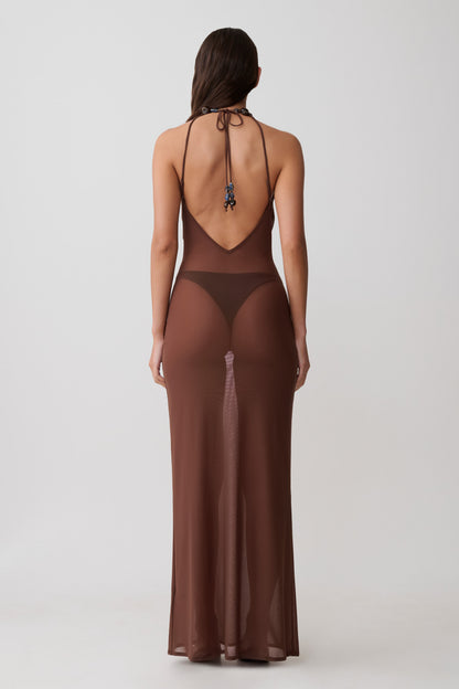 Ethal Mesh Cowl Neck Beaded Maxi Dress - Schokolade