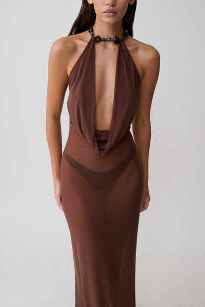 Ethal Mesh Cowl Neck Beaded Maxi Dress - Schokolade