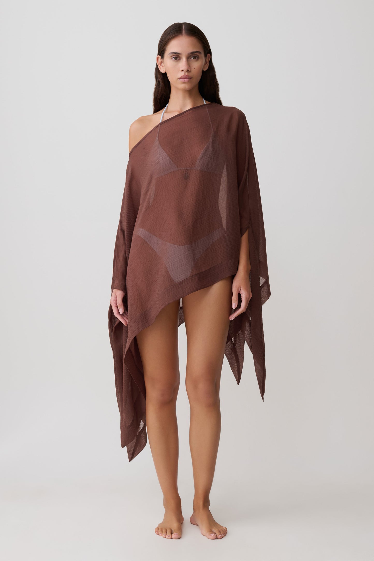 Leilani Sheer Draped Asymmetrisches Top - Schokolade