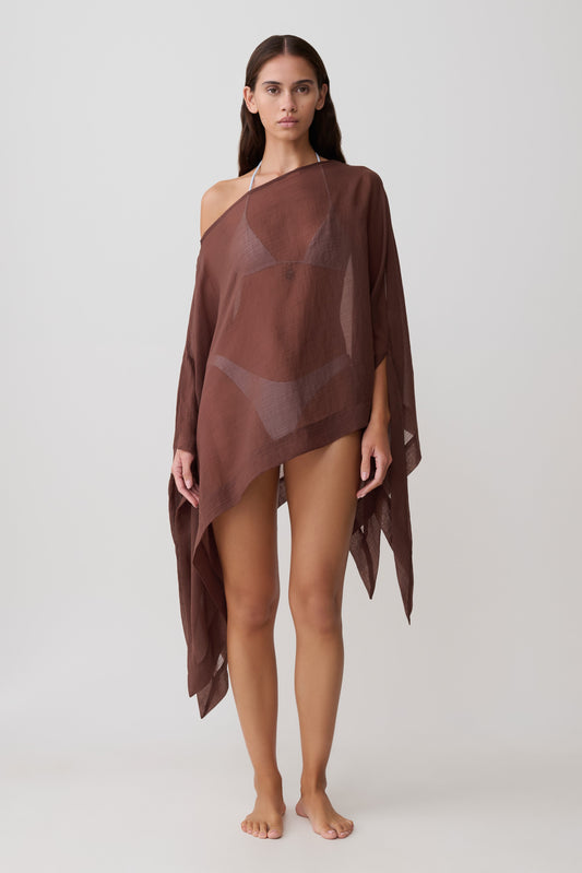 Leilani Sheer Draped Asymmetrisches Top - Schokolade