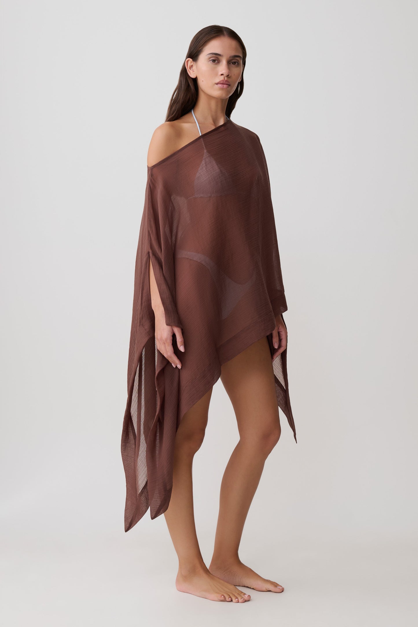 Leilani Sheer Draped Asymmetrisches Top - Schokolade
