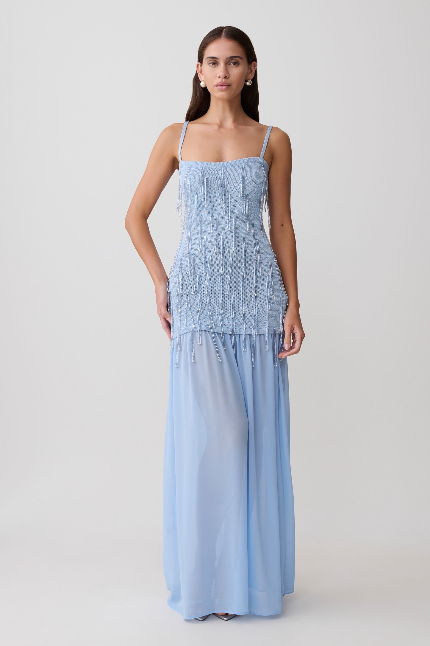 Belinda Perlenstrick- & Chiffon-Maxikleid - Hellblau
