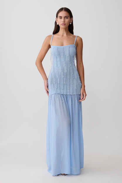 Belinda Perlenstrick- & Chiffon-Maxikleid - Hellblau