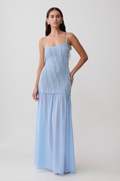 Belinda Perlenstrick- & Chiffon-Maxikleid - Hellblau
