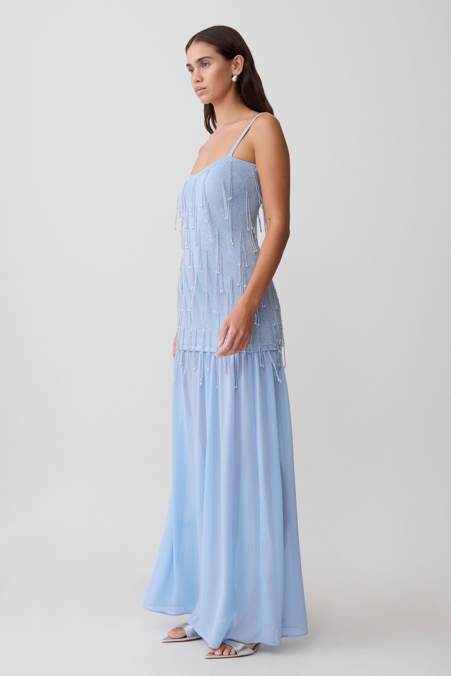 Belinda Perlenstrick- & Chiffon-Maxikleid - Hellblau