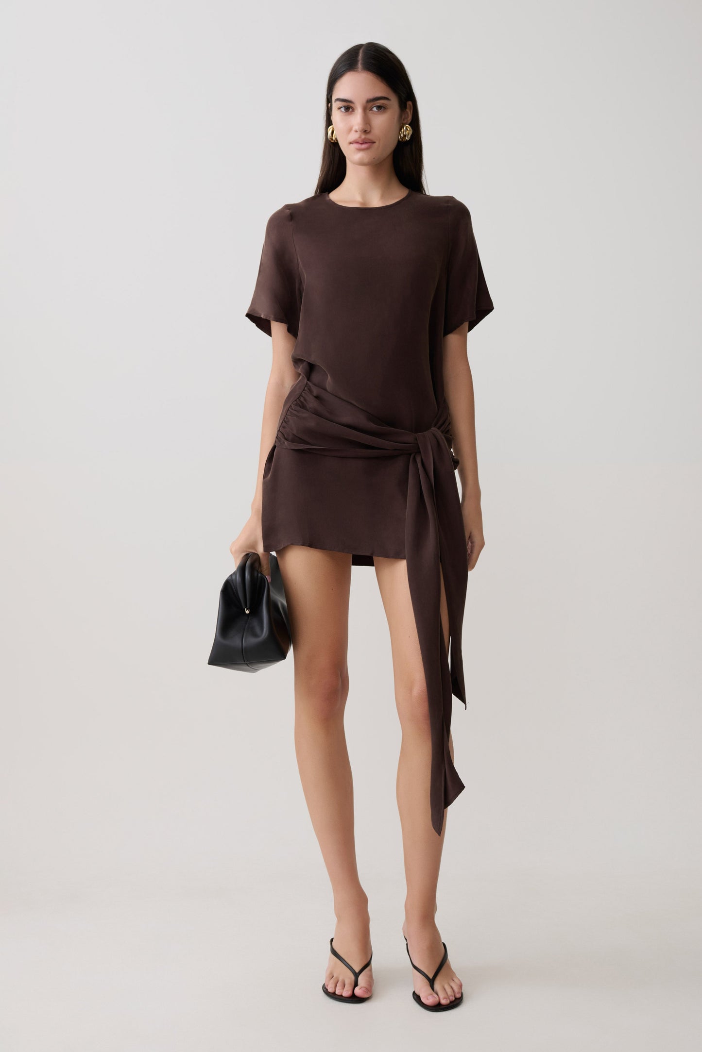 Felicity Kurzarmkleid mit Taillenknoten - Dunkle Schokolade