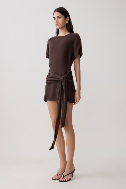 Felicity Kurzarmkleid mit Taillenknoten - Dunkle Schokolade