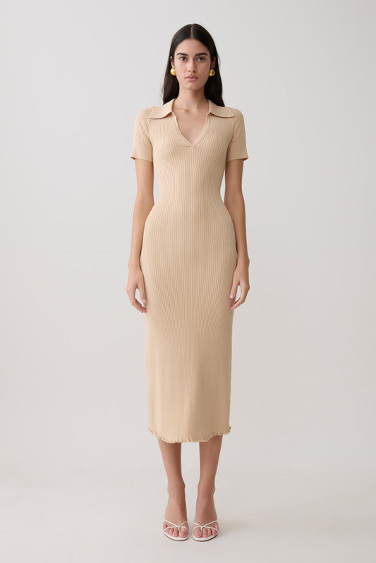 Nichelle Kurzarmiges Kragenstrick-Midi-Kleid - Natur