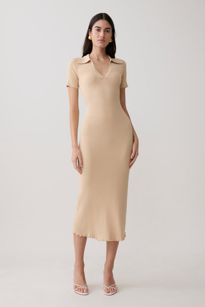 Nichelle Kurzarmiges Kragenstrick-Midi-Kleid - Natur