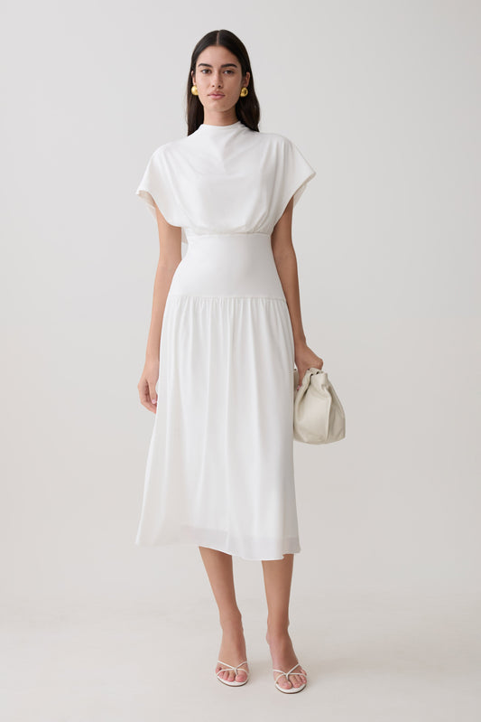 Ailla Hochkragen Cowl Midi Kleid - Weiß
