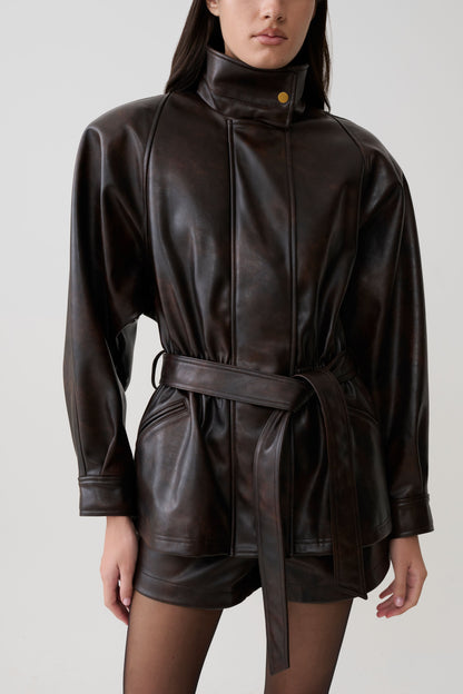 Adaline Kunstleder Jacke mit Taillenzug - Dunkelschokolade
