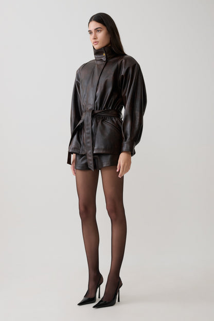 Adaline Kunstleder Hohe Taillen Shorts - Dunkle Schokolade