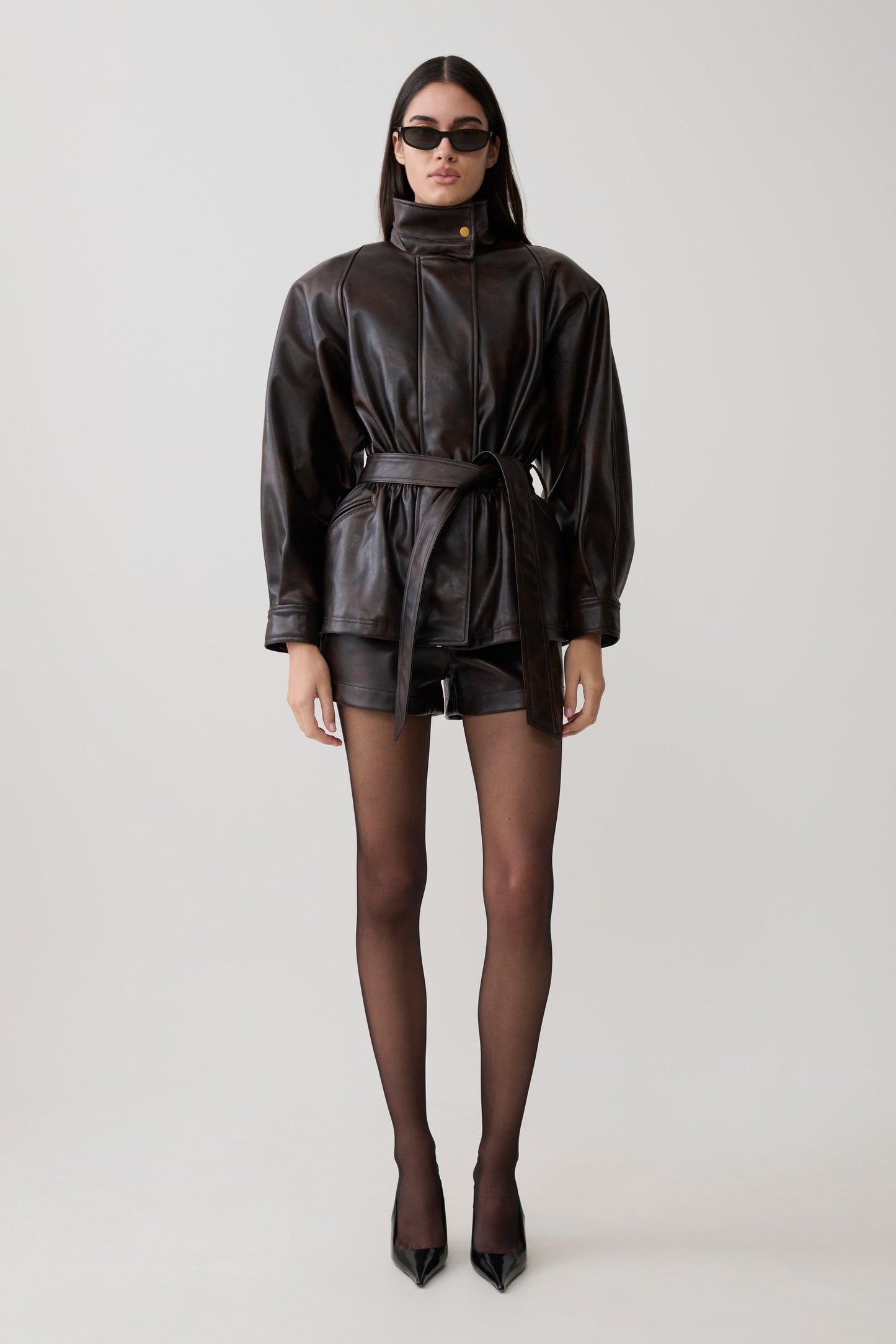Adaline Kunstleder Jacke mit Taillenzug - Dunkelschokolade