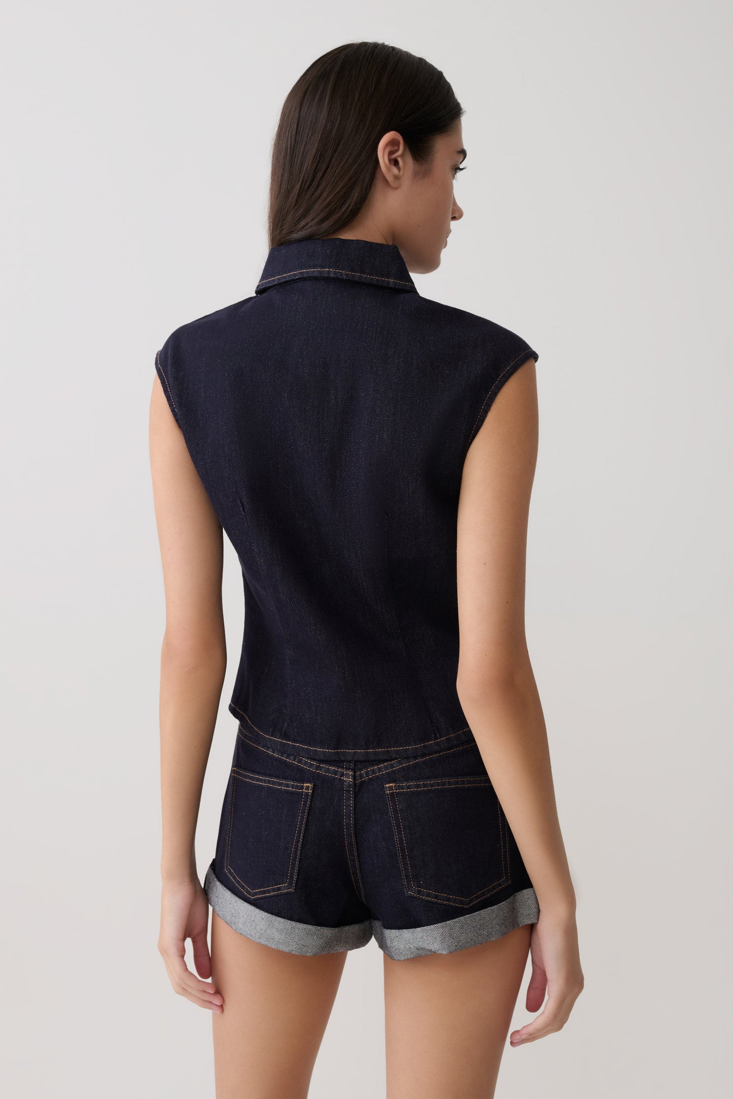 Jeremy Collared Denim Longline Top - Gewaschenes Indigo Blau