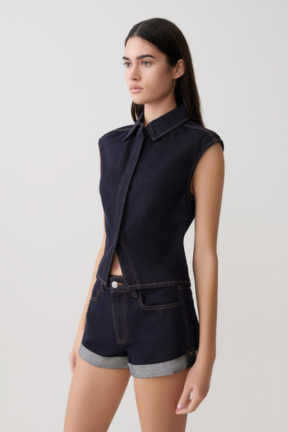Jeremy Collared Denim Longline Top - Gewaschenes Indigo Blau