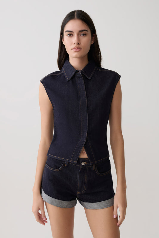 Jeremy Collared Denim Longline Top - Gewaschenes Indigo Blau