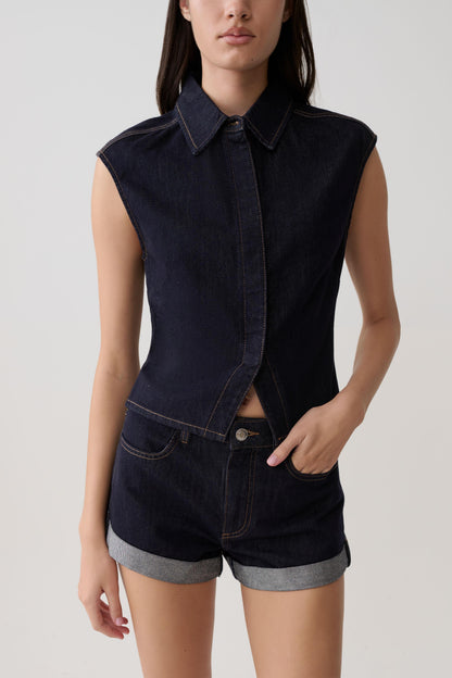 Krissy Umgeschlagene Denim-Shorts - Gewaschenes Indigo Blau